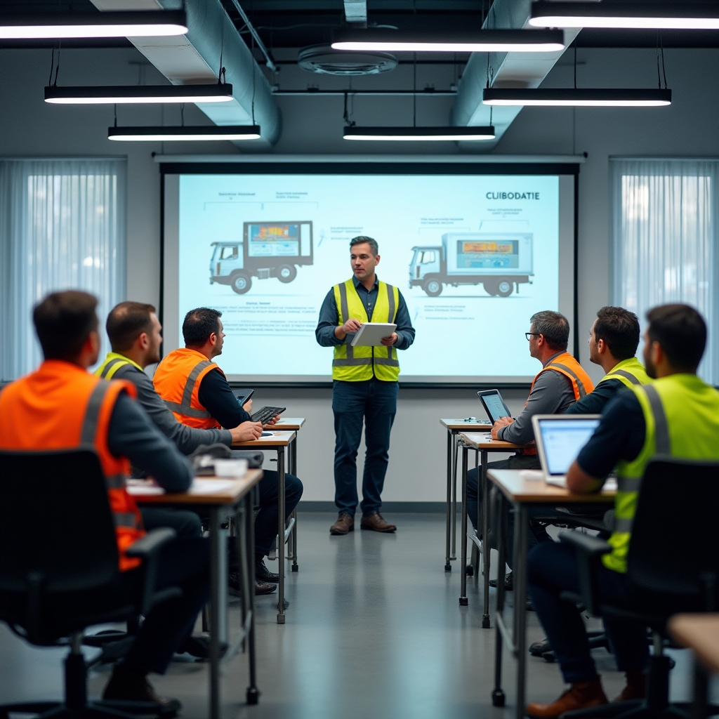 Gruppo di conducenti professionisti in aula durante un corso di formazione CQC