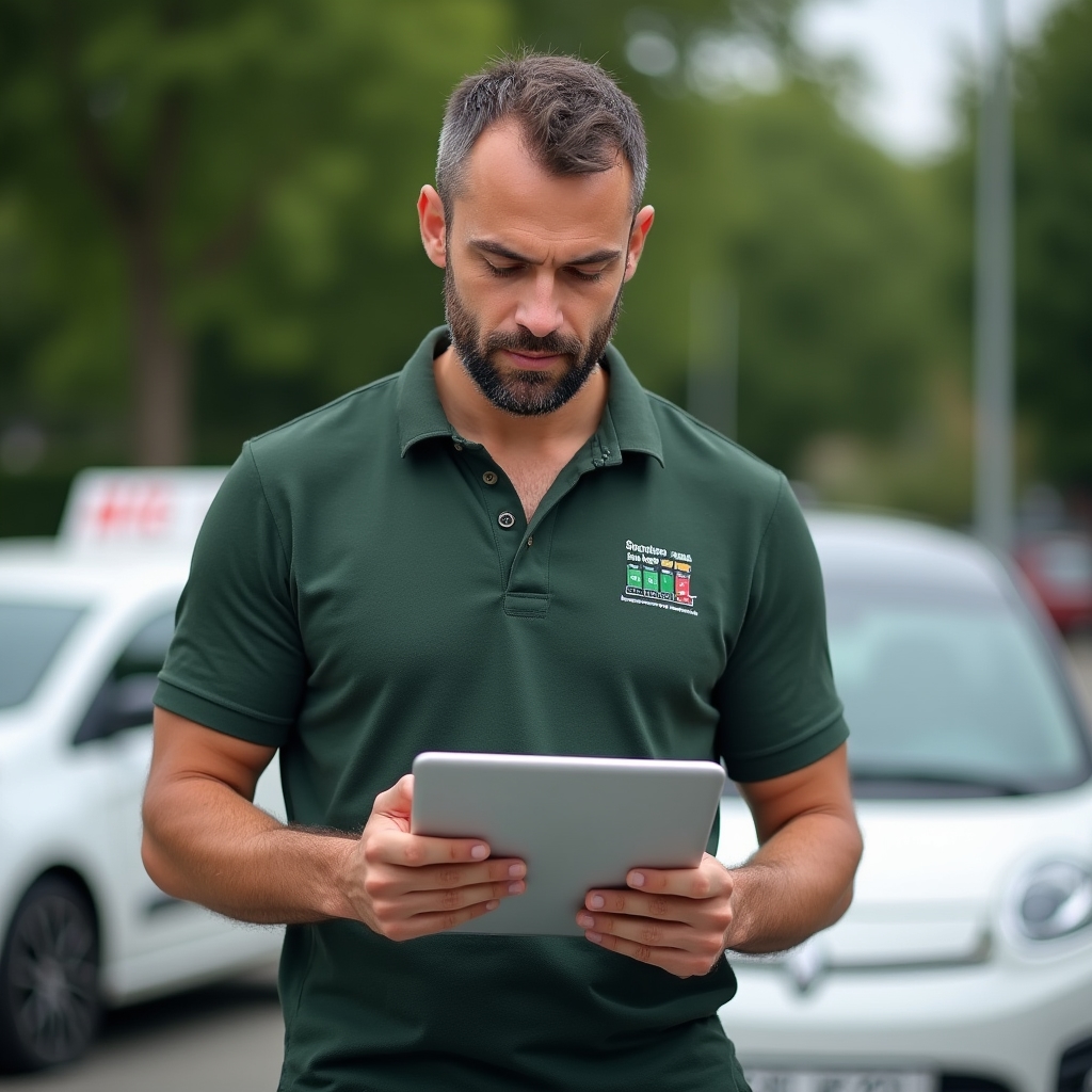 Istruttore di guida che consulta il calendario delle lezioni su tablet