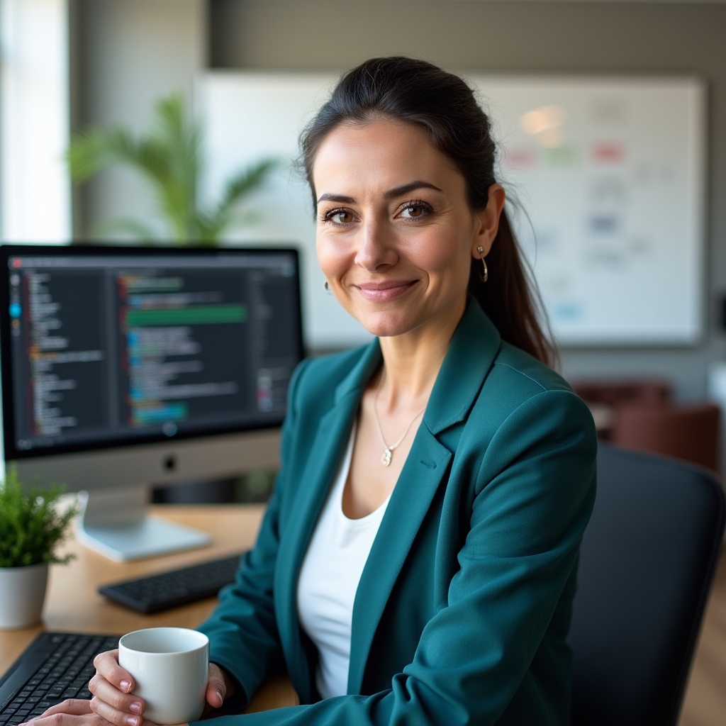 Sviluppatrice software del team Qyxulmorx Digital, donna che lavora su codice per la piattaforma